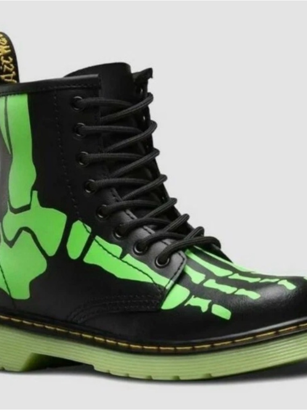 Dr. Martens Kids Black Boots with Neon Green Skeleton Graphic Rare